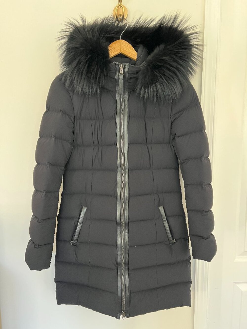 Mackage Calla Down Puffer Coat Black Real Fox Fur Hood Leather Trim M